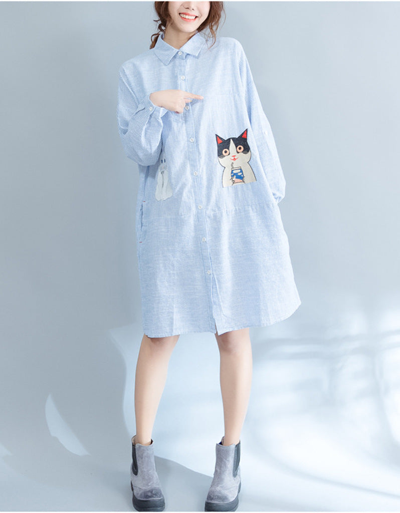 Oversized long sleeved striped shirt dress with kitty picture