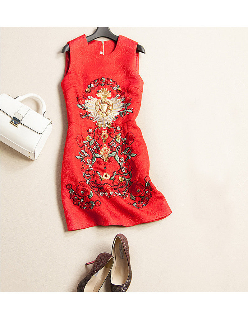 Sleeveless embroidered, beaded short dress with rhinestones