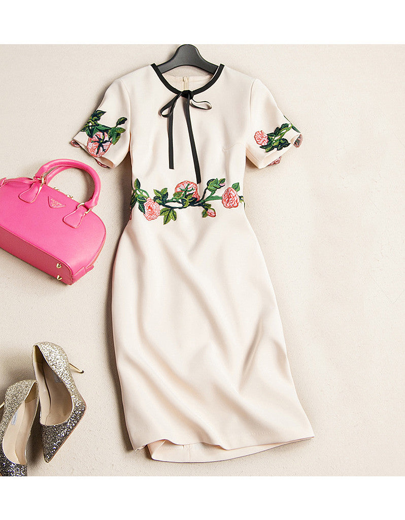 Short sleeve embroidered tailored mid-length dress (More colours)