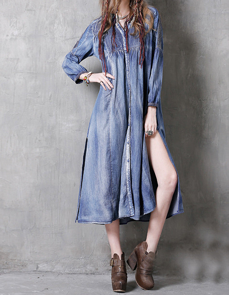 Long sleeve side-slit denim dress