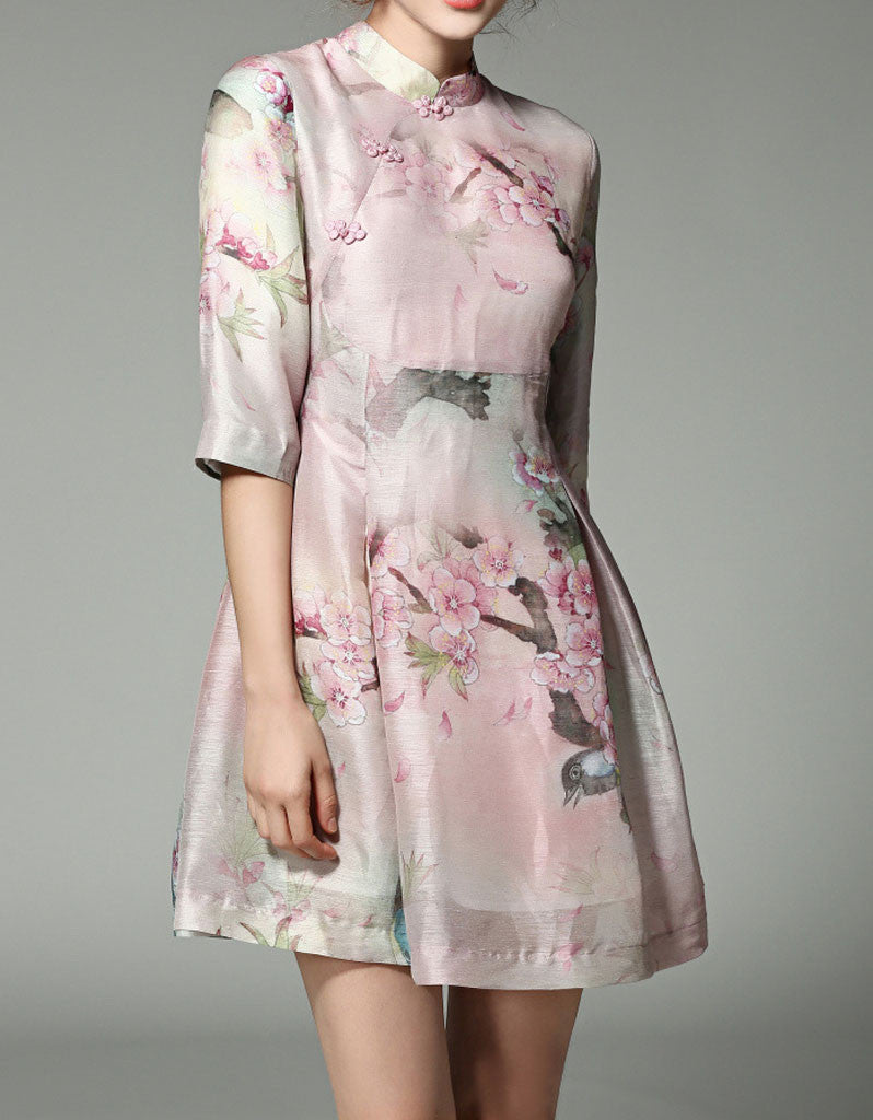 Mid-length sleeve A-line printed cheongsum