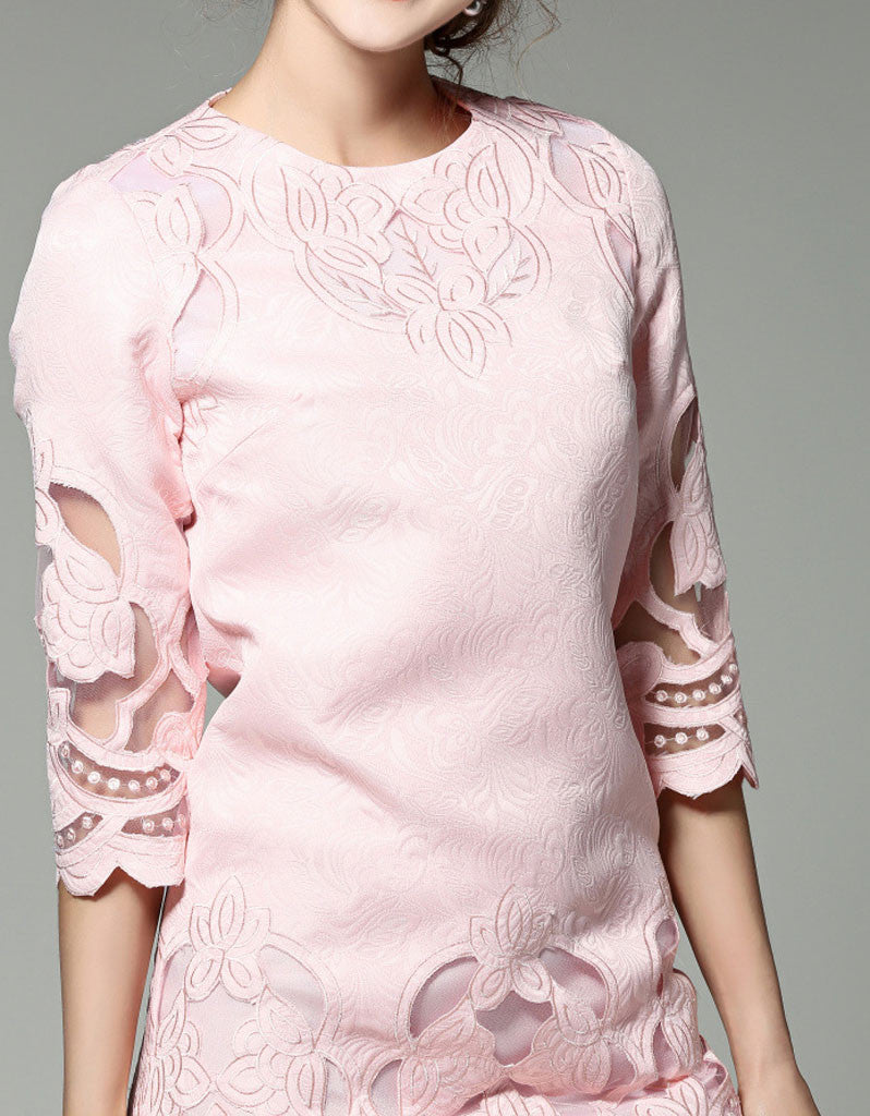 Mid-length sleeve with cut-out embroidery and lace short dress (More colours)