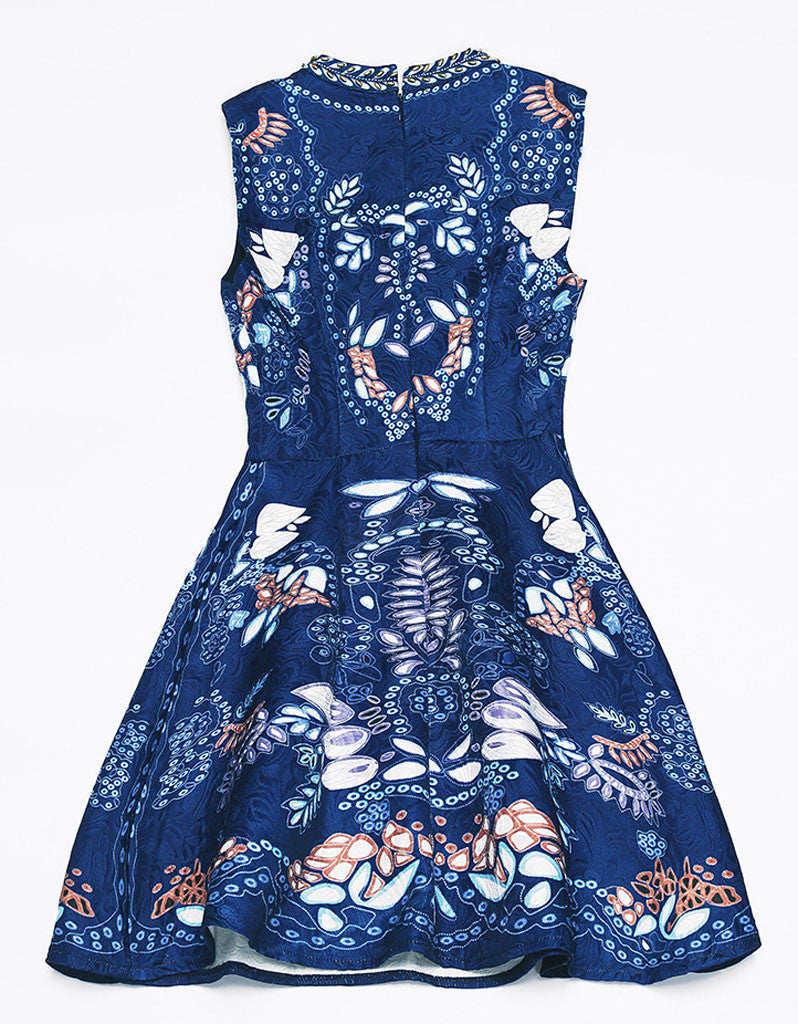 Sleeveless beaded, embroidered & printed short dress with rhinestones