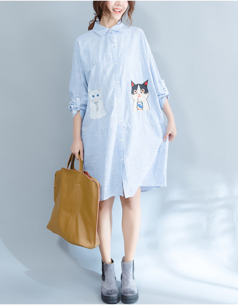 Oversized long sleeved striped shirt dress with kitty picture