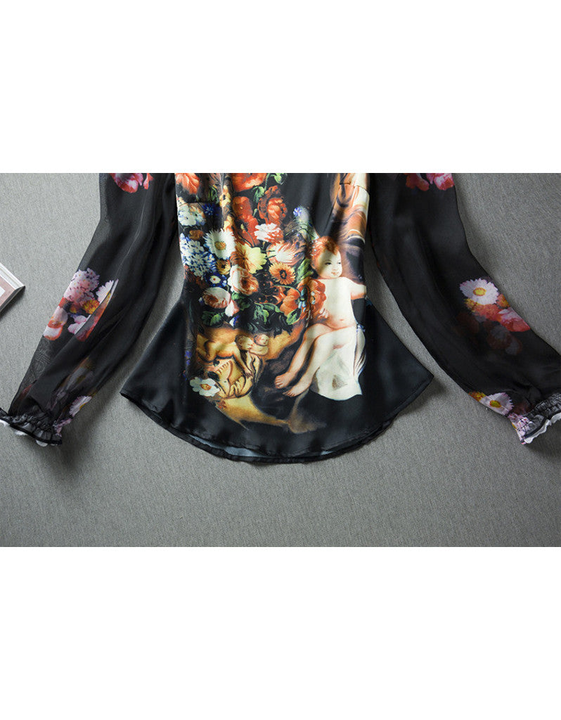 Long sleeve silk printed top