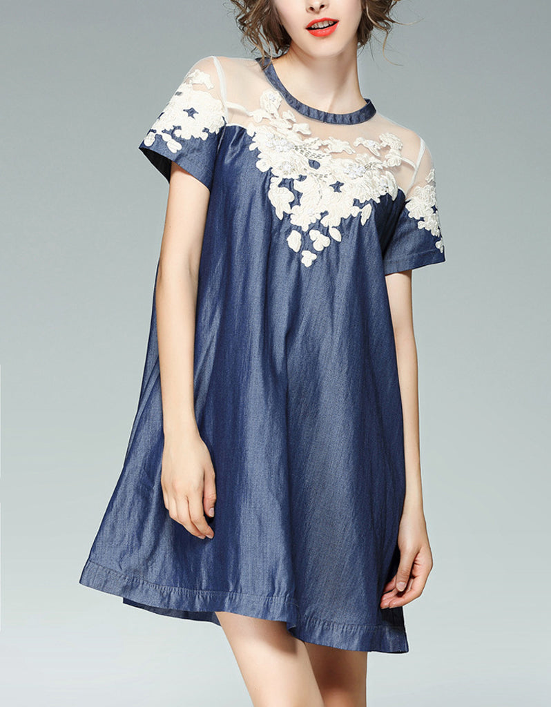 Short sleeve A-line denim dress with embroidery and beads