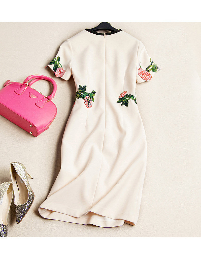 Short sleeve embroidered tailored mid-length dress (More colours)