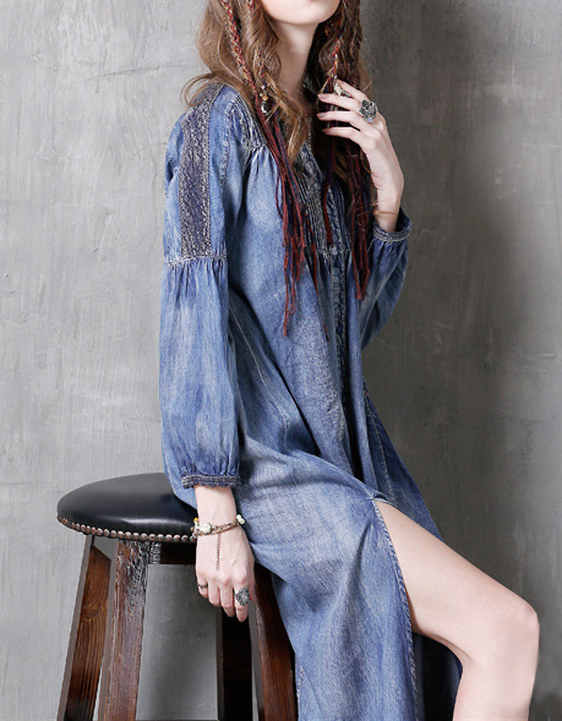 Long sleeve side-slit denim dress