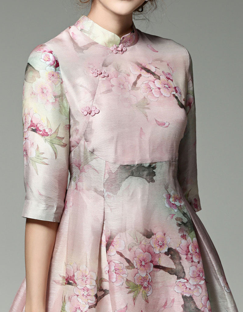 Mid-length sleeve A-line printed cheongsum