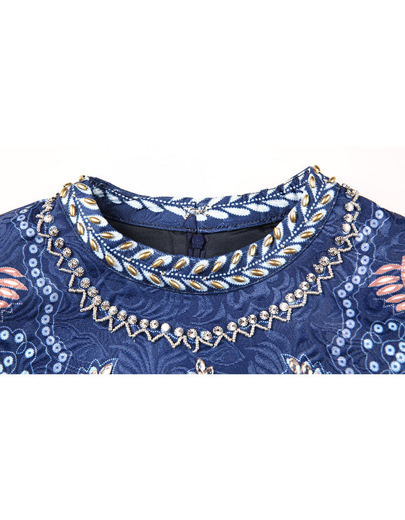 Sleeveless beaded, embroidered & printed short dress with rhinestones