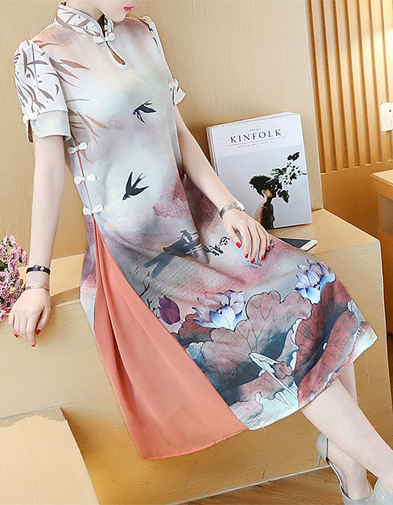 Printed short sleeve cheongsam with flared sides (more colours)