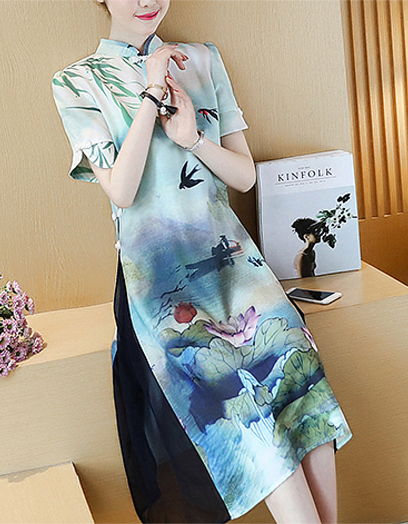 Printed short sleeve cheongsam with flared sides (more colours)