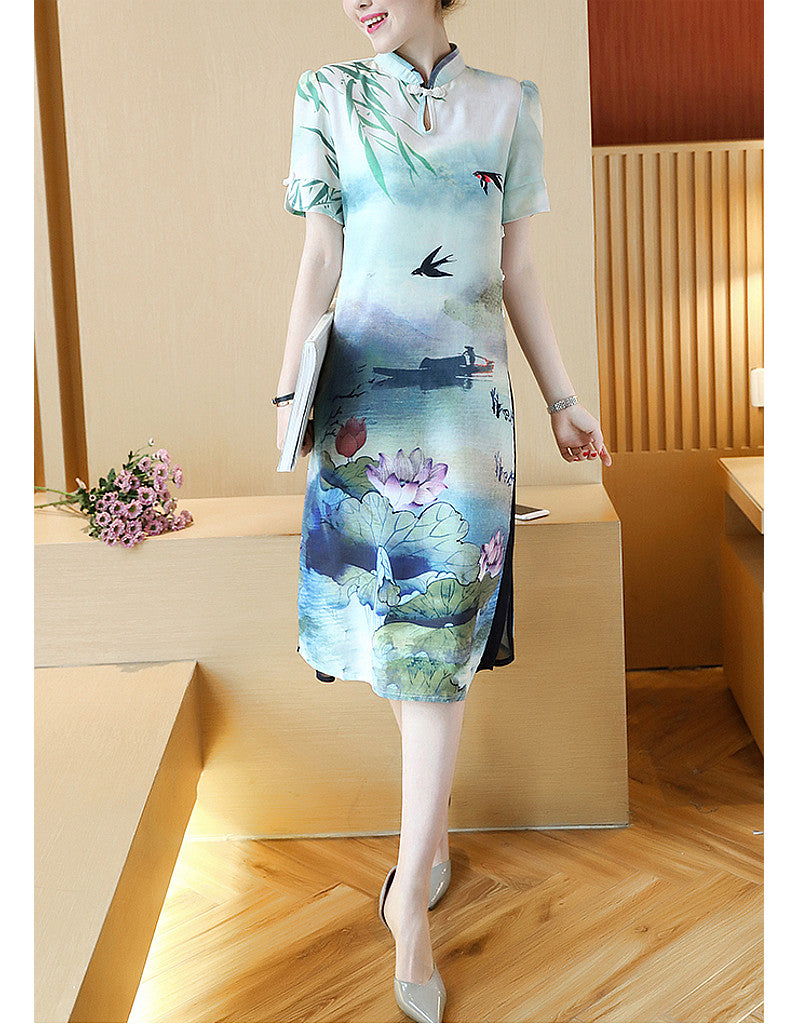 Printed short sleeve cheongsam with flared sides (more colours)