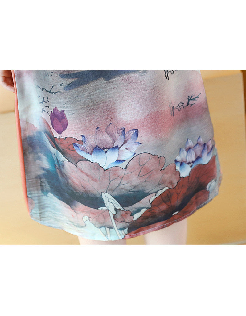 Printed short sleeve cheongsam with flared sides (more colours)