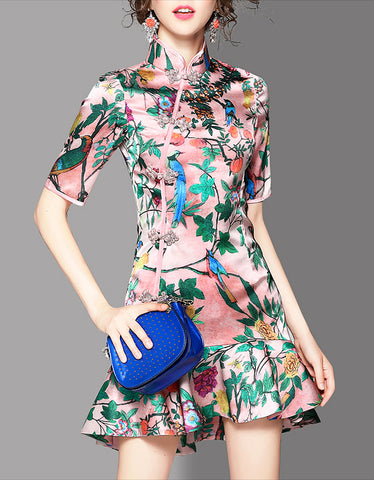 Short sleeve printed short tailored cheongsam