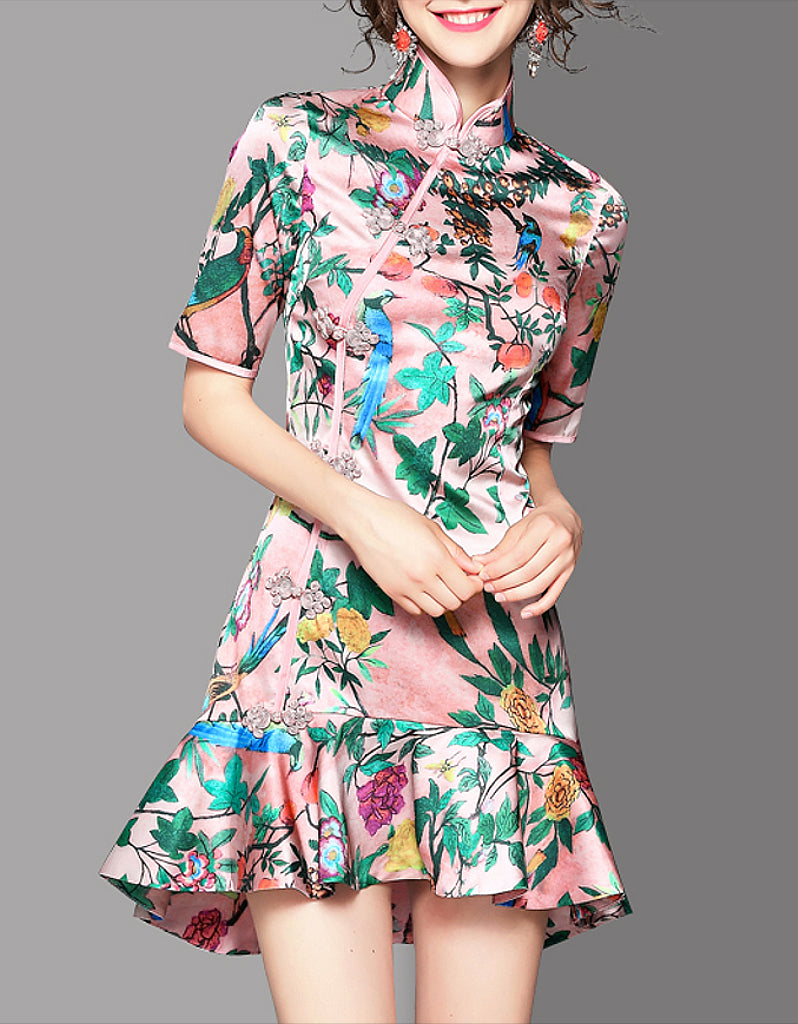 Mid-length sleeve floral printed tailored cheongsam with flared bottom