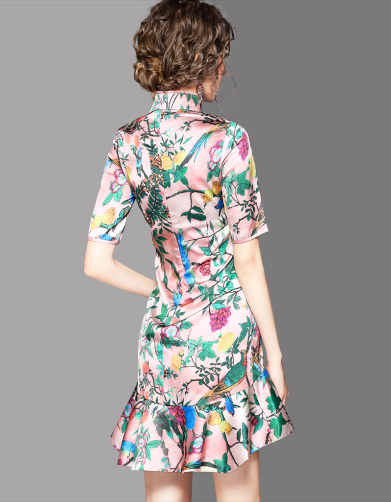 Mid-length sleeve floral printed tailored cheongsam with flared bottom