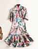 Mid-length sleeve floral printed tailored cheongsam with flared bottom