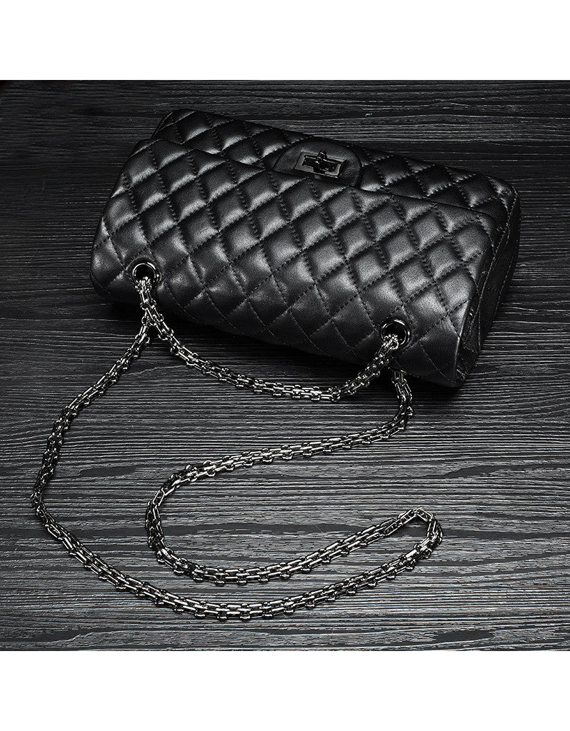 Genuine sheepskin leather quilted flap handbag