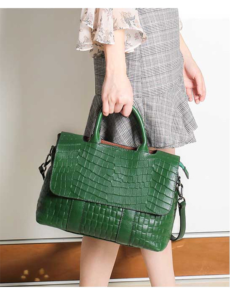 Embellished Crocodile Printed Leather Top Handle Bag