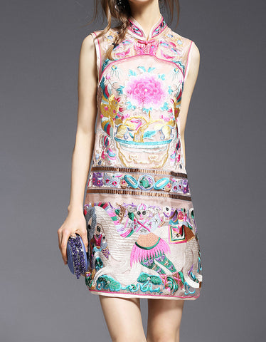 Sleeveless printed, beaded and embroidered short dress (More colours)