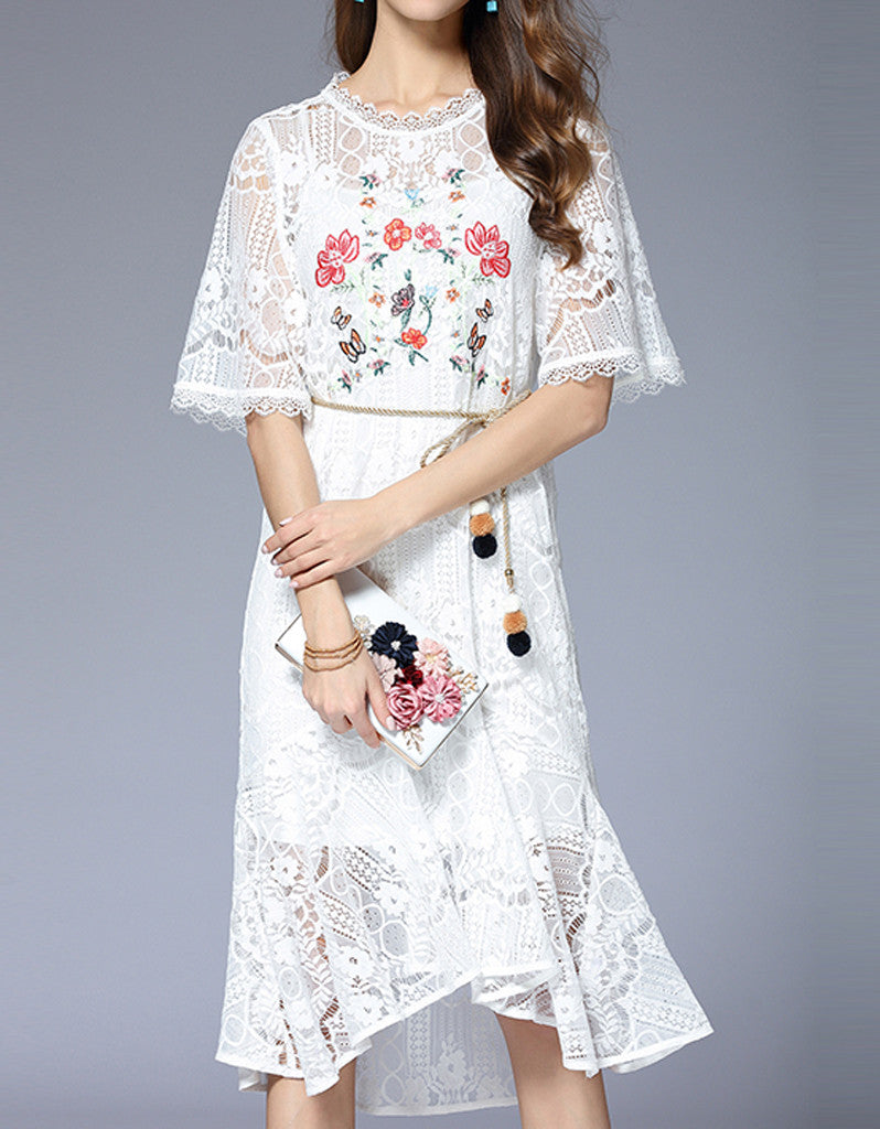 Embroidered bohemian mid-length sleeve lacy long dress