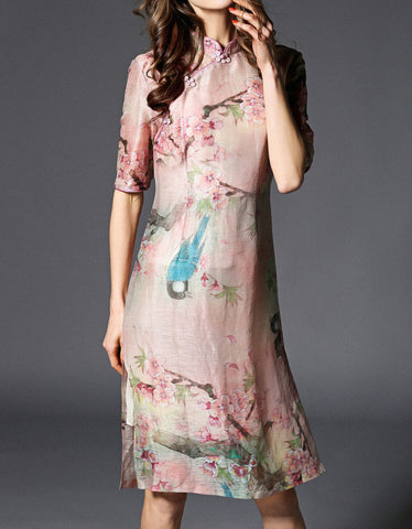 Printed short sleeve cheongsam with flared sides (more colours)