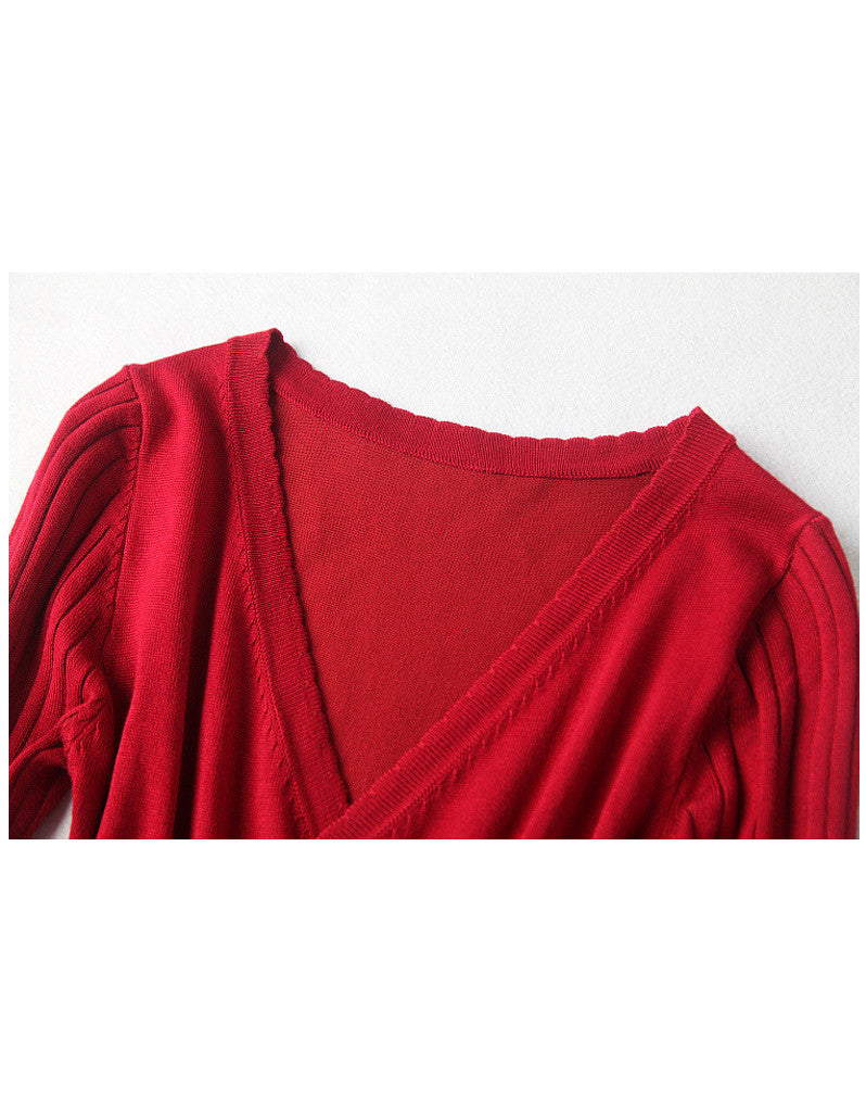 3/4 sleeve V-neck knitted pleated mid-length dress (More colours)