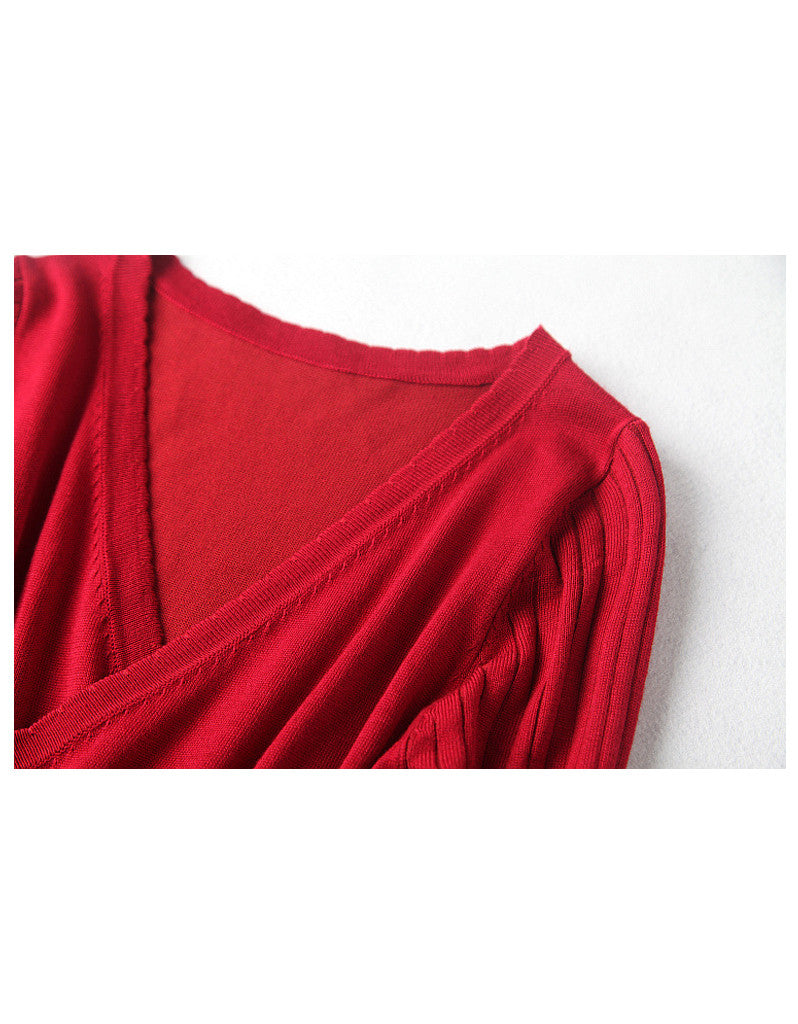 3/4 sleeve V-neck knitted pleated mid-length dress (More colours)