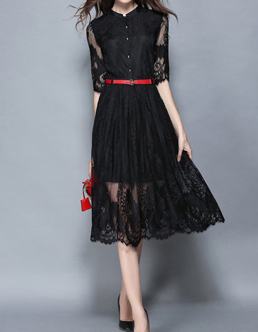 Mid-length sleeved front embroidery denim dress