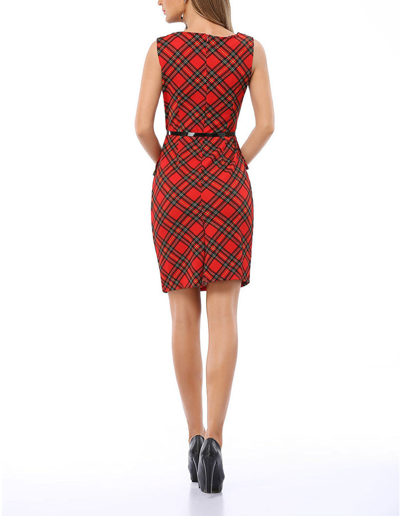 Sleeveless checkered mid-length pencil peplum dress