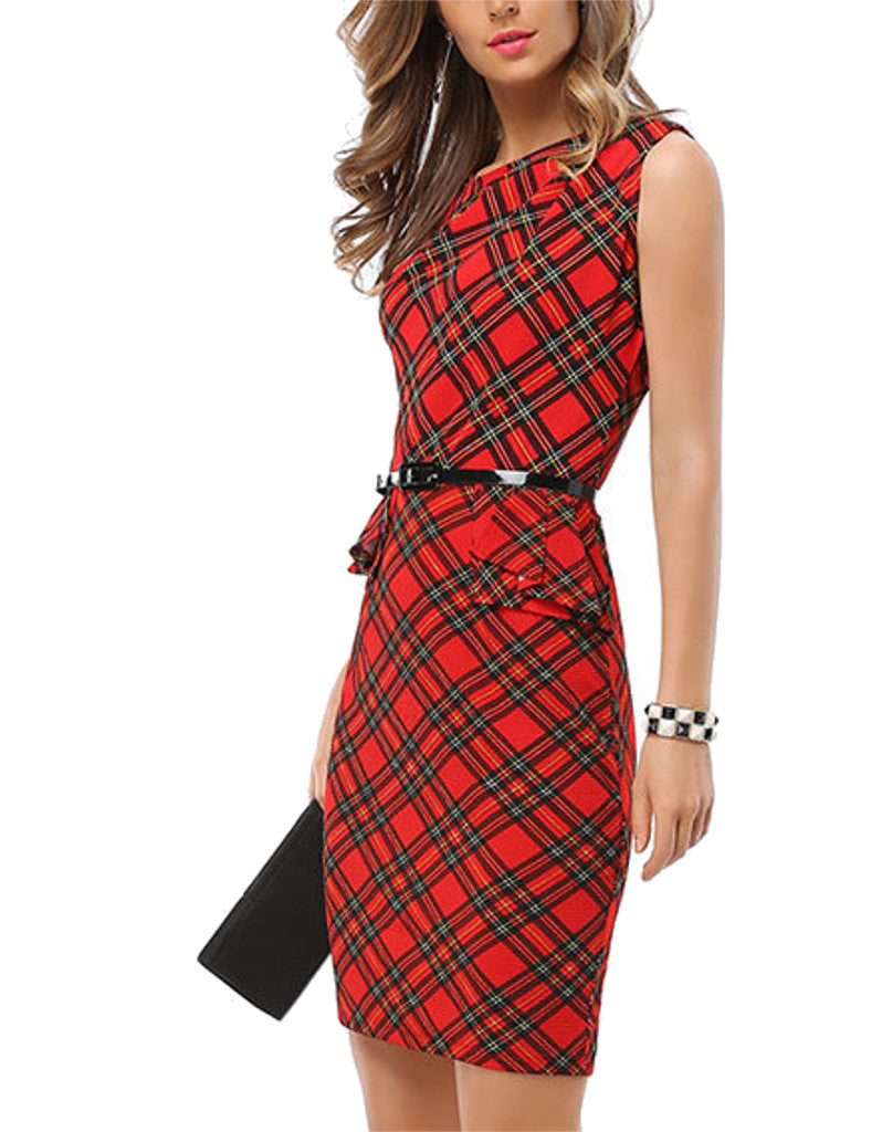 Sleeveless checkered mid-length pencil peplum dress