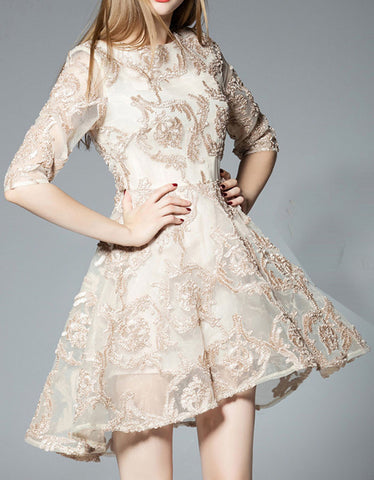 Long sleeve half chiffon top and tailored mid-length skirt