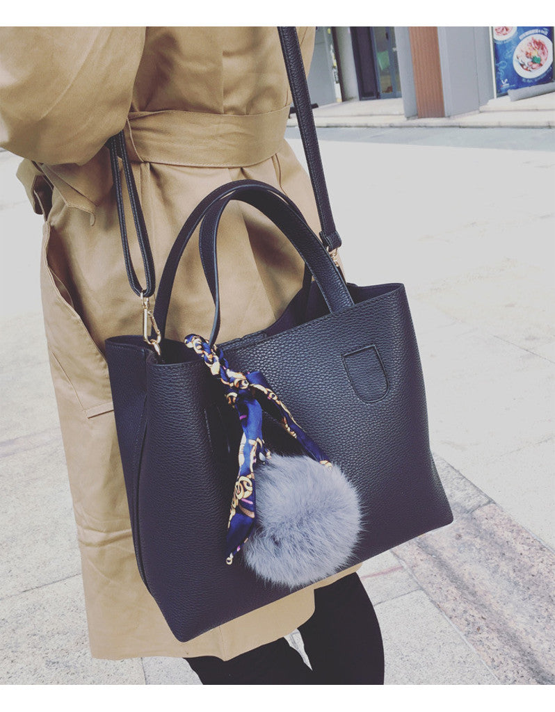 PU leather tote bag with pom pom, mini scarf and a detachable bag