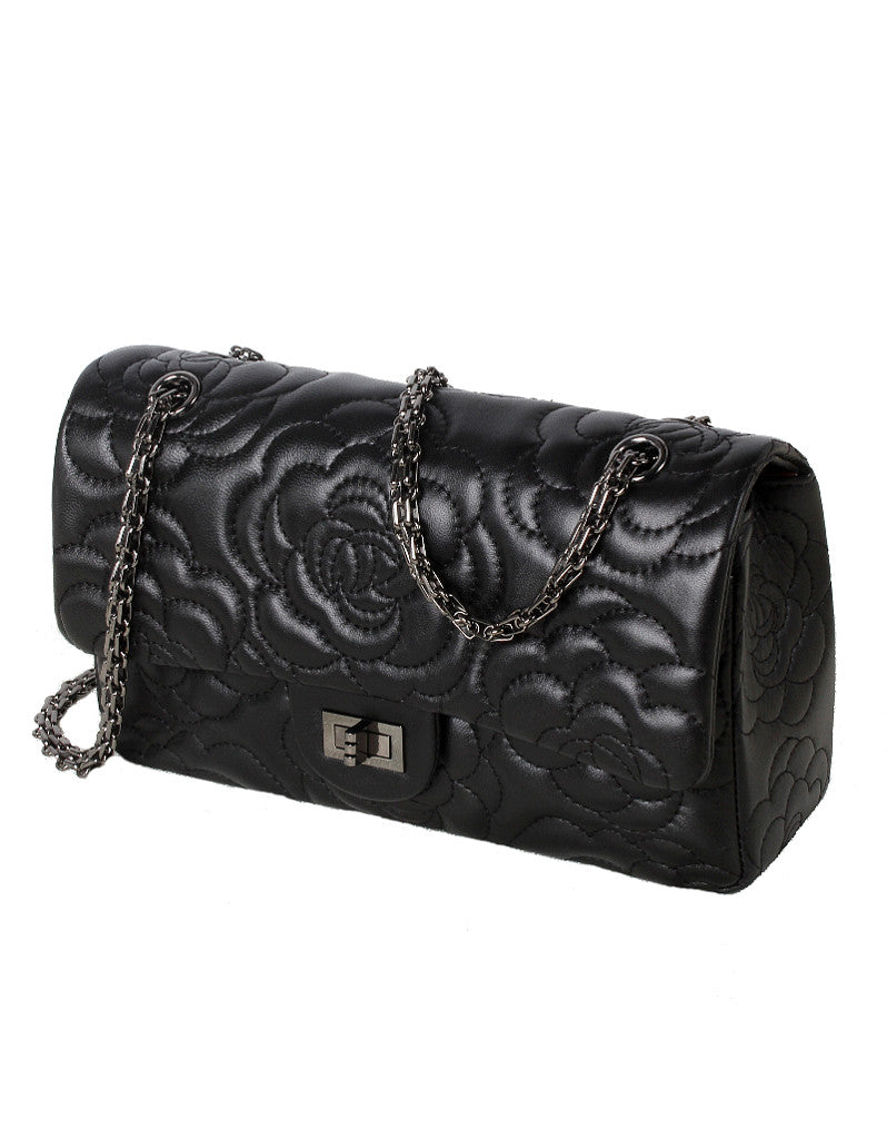 Chanel Black Velvet and Leather Camellia No. 5 Flap Shoulder Bag - Yoogi's  Closet