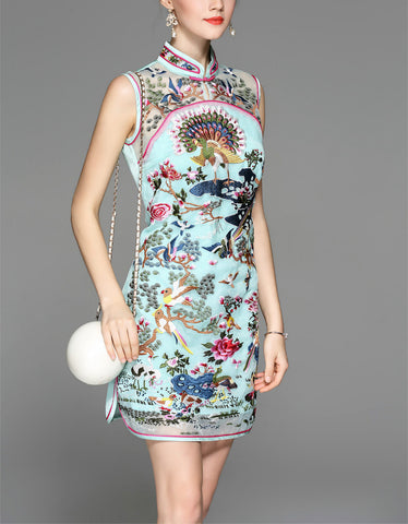 Printed short sleeve cheongsam with flared sides (more colours)