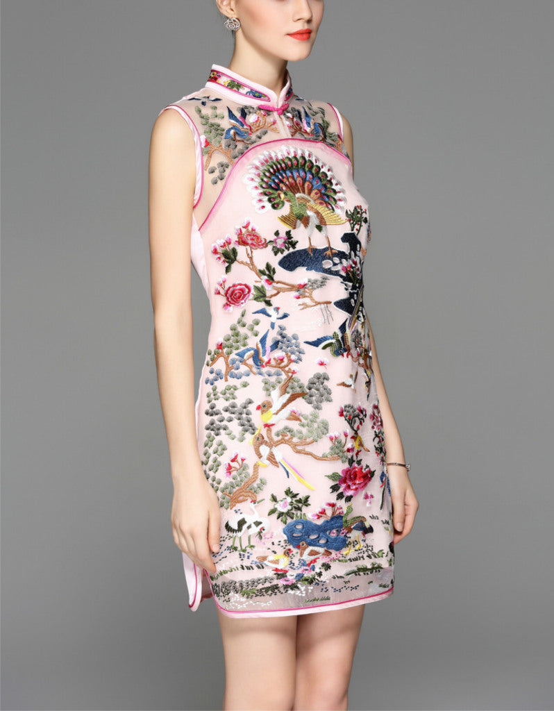 Sleeveless short tailored cheongsam with full front embroidery (more colours)