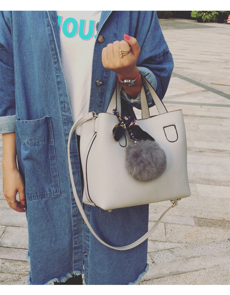 PU leather tote bag with pom pom, mini scarf and a detachable bag (more colours)