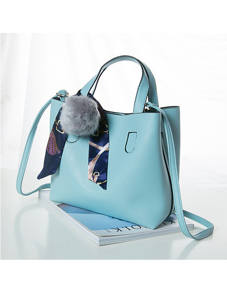 PU leather tote bag with pom pom, mini scarf and a detachable bag (more colours)