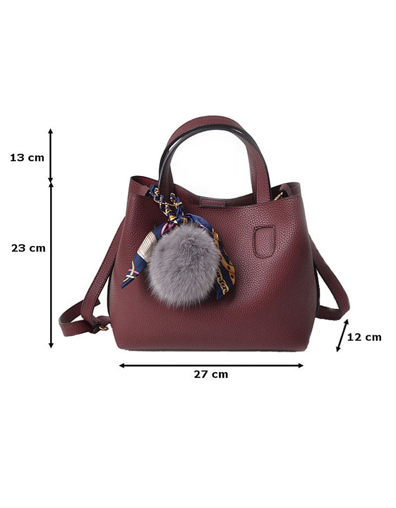 PU leather tote bag with pom pom, mini scarf and a detachable bag