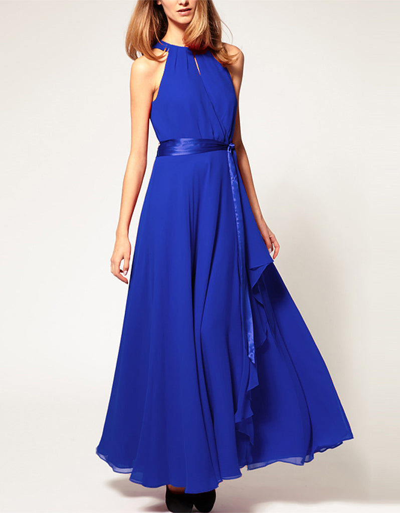 Halter neck flowy long dress with ribbon belt – Sofiq