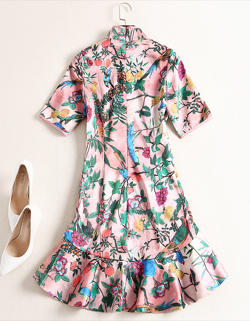 Mid-length sleeve floral printed tailored cheongsam with flared bottom