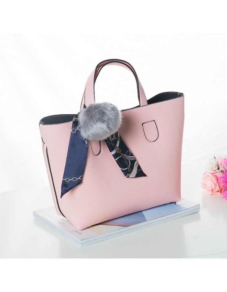 PU leather tote bag with pom pom, mini scarf and a detachable bag