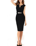 Sleeveless mid-length pencil dress with metallic accents