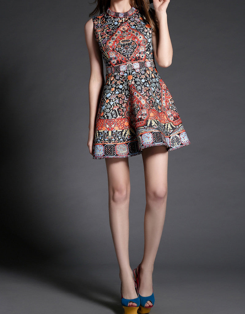 Sleeveless printed, beaded and embroidered short dress (More colours)