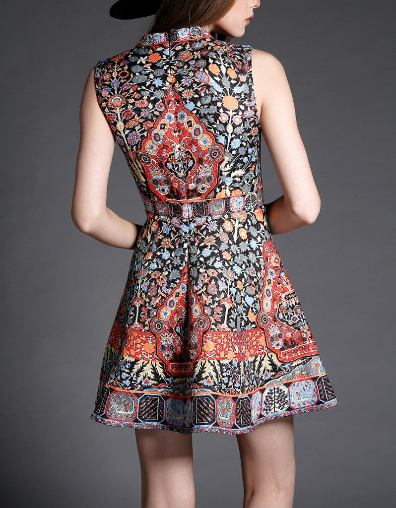 Sleeveless printed, beaded and embroidered short dress (More colours)