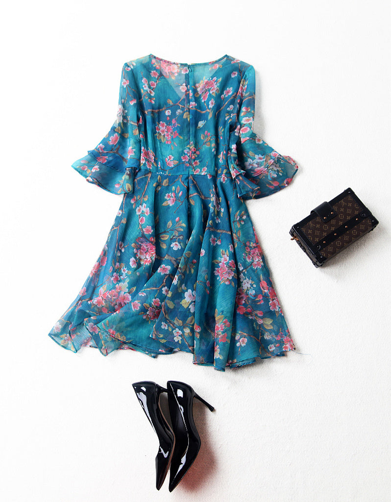 Mid-length flared sleeves short floral flared print dress