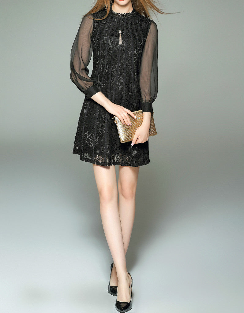 Long sleeve chiffon laced short dress (More colours)