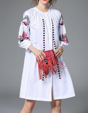 Mid-length sleeve front embroidery denim dress