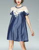 Short sleeve A-line denim dress with embroidery and beads